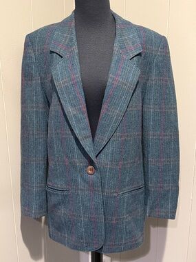 B37 Miss Pendleton Women’s 12 Teal Plaid Blazer with Red Orange Blue Windowpane